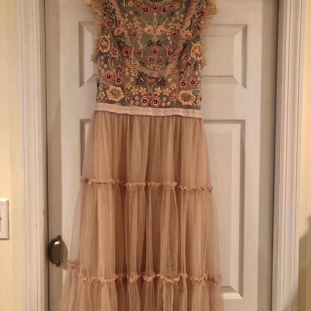 Embroidered peach color midi dress